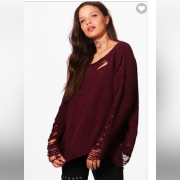 Boohoo Emma Maroon Distressed Chenille Jumper Sweater - Picture 1 of 10